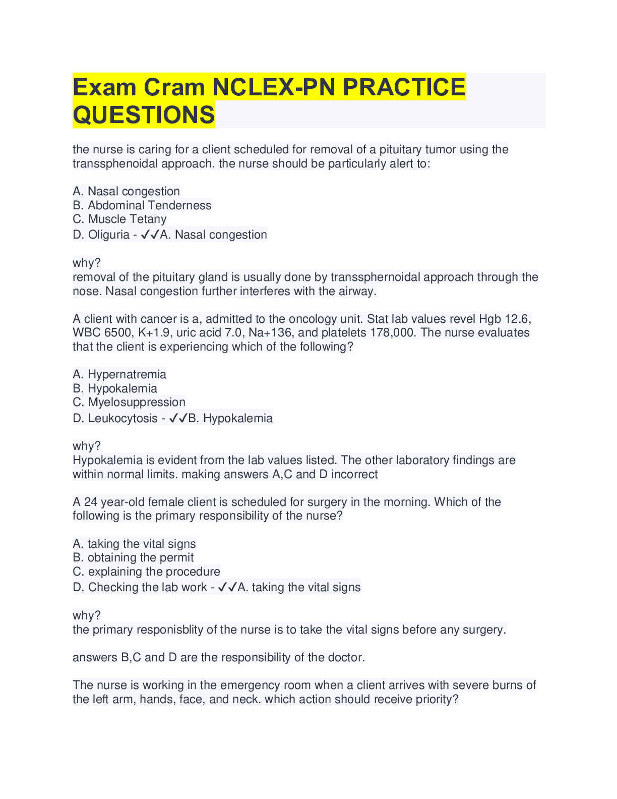 Preview image for Exam Cram NCLEX-PN PRACTICE QUESTIONS(questions&answers)